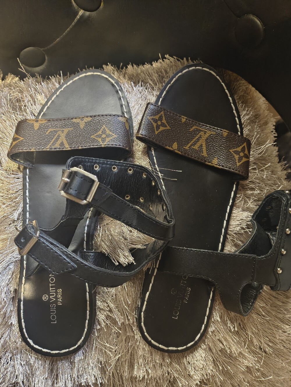 Women's Black Sandal Slides with Brown Logo Strap